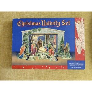 VTG Christmas Manger Set Nativity Cardboard Cut Out Stand Up MCM